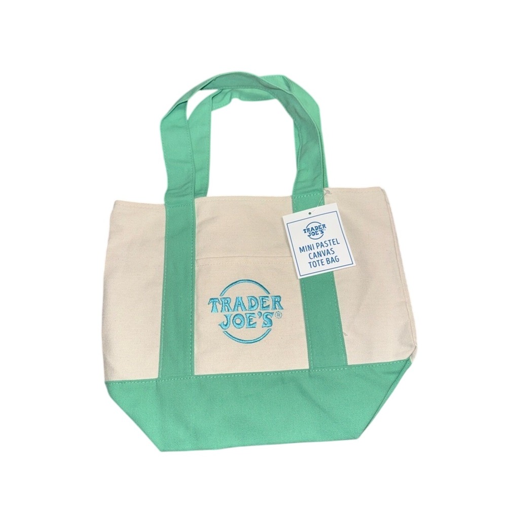 Trader Joe's Pastel Green and Cream Canvas Tote Bag